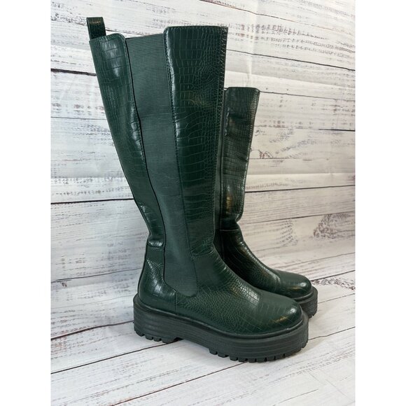 AZALEA WANG Shoes - AZALEA WANG Knee High THE RIDING CROC Vegan Green Leather Boots SUE 7.5 Grunge